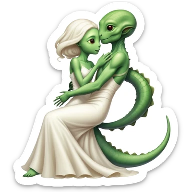 Alien reptilian woman in white dress hugs and kissing "white male human man" sticker