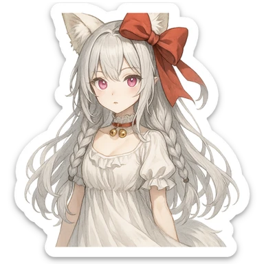 QT the fox spirit girl, pink irises, pale skin, silver white hair in two braids and loose hair, big red ribbon bow, flowy dress, white lace choker with bells. sticker