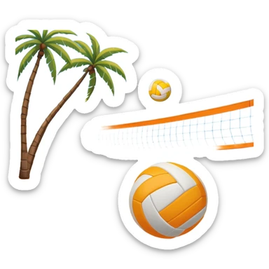 The scene captures an orange sand, sunny sea beach with clear blue sea and sky, palm trees swaying. A volleyball resting on the orange sand ground of a beach, with a volleyball net in the background.  sticker