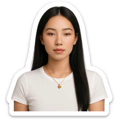 a serene woman with long straight black hair parted in the middle, light healthy complexion, almond eyes with gentle makeup, full lips with coral tint, white fitted t-shirt, gold four-leaf clover necklace, calm and neutral expression facing forward sticker