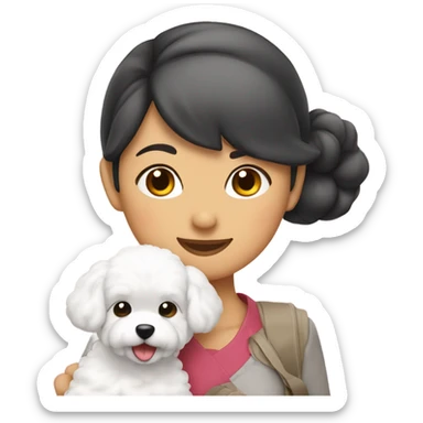 Hair-in-a-bun traveling Asian woman carrying a happy, cute and rounded bichon frise sticker
