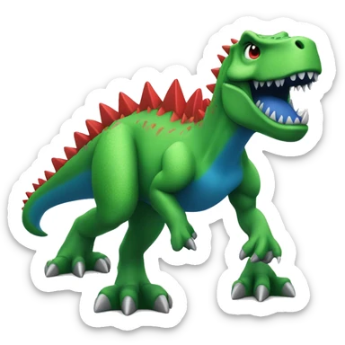 a green trex with blue spikes and red eyes, full body
 sticker