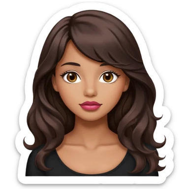beautiful girl with black wavy long hair and side-swept bangs, tan skin, rose-coloured lips and hazel eyes who looks like a model sticker