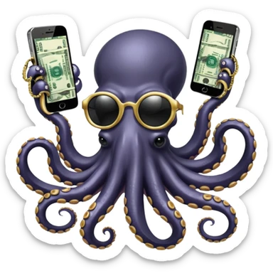 Intimidating octopus with pearl white skin, black suction cups. Wearing black mirrored sunglasses and a gold chain. 3 tentacles are holding their own cellphone with one held to the side of its face as if its on a phone call, 2 other tentacles are holding stacks of money sticker
