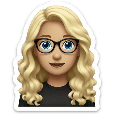 A girl with blonde wavy hair and black glasses with blue eyes and a black shirt sticker