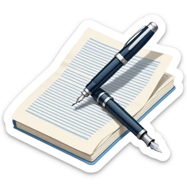 Create an emoji representing journalism and publicistic writing. The design should feature an open newspaper or a stack of articles with visible text columns, symbolizing opinion pieces and analysis. A classic fountain pen or ballpoint pen should be placed near the papers, indicating the act of writing. Optionally, include a small microphone or a press badge to emphasize investigative and journalistic aspects. Use neutral and professional colors like black, white, and muted blue or red. Do not include any emojis or smiley faces. Make the background transparent. sticker
