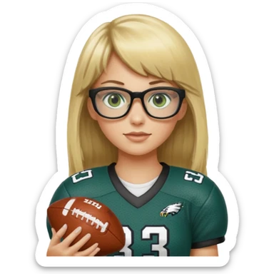 long blonde hair with bangs small black rectangle glasses female green eyes football player wearing eagles jersey number 33 holding football sticker