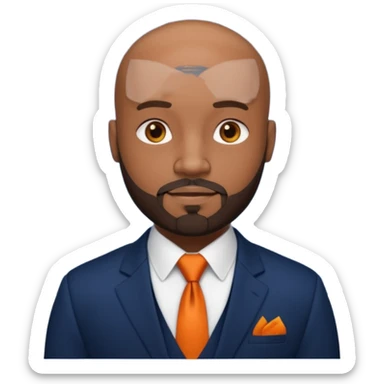 headshot of a sophisticated, stylish, bald head Caribbean black man with a beard and goatee in a navy blue suite, white shirt and dark orange tie sticker