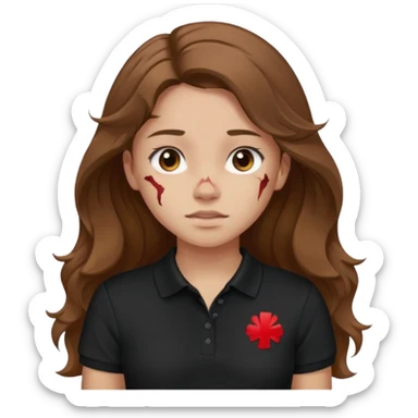 crie uma garota com ferimentos cabelo ondulado 2c longo castanho e blusa polo básica preta sticker