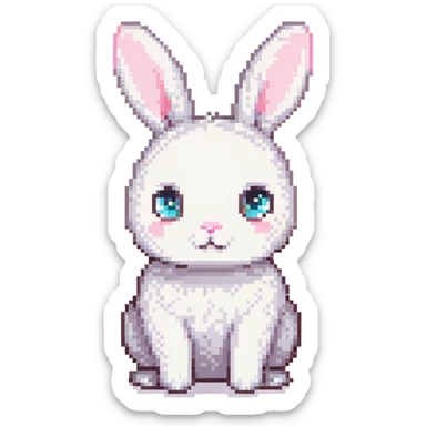 cute white bunny sitting facing forward on a green grassy field, pixel art style, large eyes, small pink nose, round body, soft and gentle expression, simple 2D flat colors, no background details beyond grass sticker