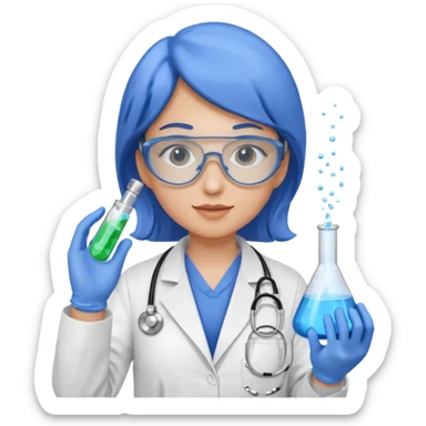A person wearing safety goggles, a stethoscope, and a white coat. They are wearing blue protective gloves. In their hand, they are holding a test tube containing chemicals. sticker
