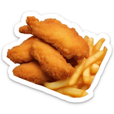 3 chicken tenders with crinkle fries and orange sauce on the side in a styrofoam container sticker