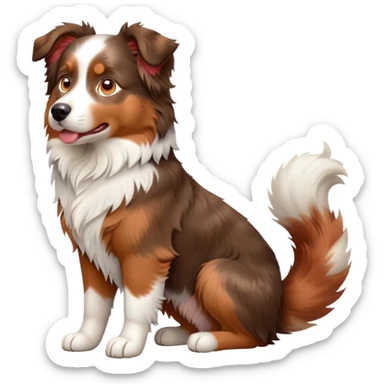 cinematic-[australian shepherd dog]-realistic-full-body-sitting-emoji,-tail-resting-loosely-beside-its-paws,-head-tilted-dramatically,-scruffy-[half white and red merle]-fur,-simplified-yet-realistic-focused-features,-highly-detailed,-glowing-with-an-almost-sarcastic-glow sticker