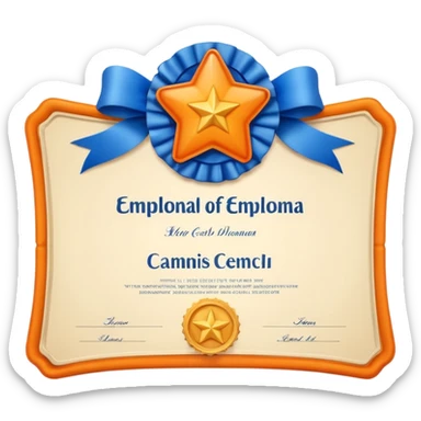 Create a glossy 3D certificate emoji with a cream diploma, rounded corners, a blue ribbon seal, orange tails, and an embossed star. sticker