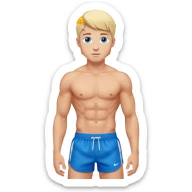 a 20 year old blond man with blue eyes, very muscular with abs, shirtless with sports shorts sticker