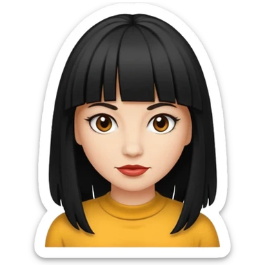 Faça um emoji de uma mulher branca, com cabelo liso preto longo, e com uma franja acima da sombrancelha. sticker