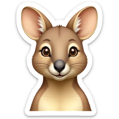 Cinematic Cute Wallaby Portrait Emoji, Head tilted playfully and inquisitively, featuring a glossy tan fur with delicate brown accents and a charming, alert expression, round, sparkling eyes filled with gentle curiosity, Simplified yet irresistibly adorable features, highly detailed, glowing with a warm, friendly glow, high shine, affectionate and bouncy, stylized with a touch of outback whimsy, bright and endearing, soft glowing outline, capturing the essence of a mischievous yet loving wallaby, so playful it feels like it could skip out of the screen into your arms! sticker