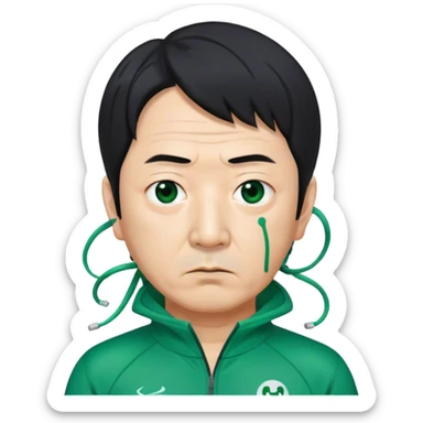 Park Ju-un is a middle-aged man, around 45 years old, green tracksuit, with tired eyes that carry the weight of a lifetime of struggles. His black hair, streaked with strands of gray, is unkempt and damp with sweat.

His face is gaunt, with deep wrinkles lining his forehead and around his mouth, evidence of years of stress and hardship. He wears the standard green Squid Game tracksuit (#369), but his jacket is slightly loose on his thin frame, and the collar is stained with sweat. His hands, slightly calloused from years of office work, tremble as he grips the small needle. sticker