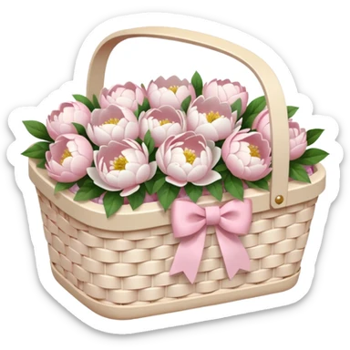 White Picnic basket with light pink bow and white peonies inside sticker