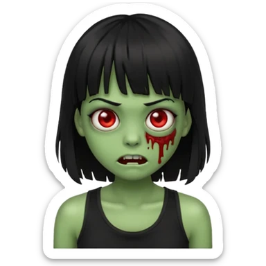 Zombie emoji with long black hair and bangs, with green skin, big red eyes, small nose, and a simple black tank top.  sticker