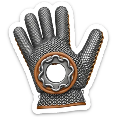 3D render of Butcher’s Glove, made of interlocking chainmail metal rings, wire mesh texture, visible holes and negative space, metallic silver and grey, high contrast shadows, Apple emoji style, isolated on white background --v 6.0. sticker
