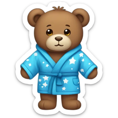 A brown teddy bear wearing a blue bathrobe with white stars sticker
