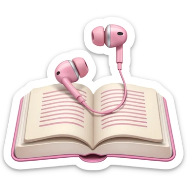 pink Pink Apple-style earbuds lying on an open book, soft pastel tones, cozy and minimal aesthetic, realistic lighting and shadows, top-down view, transparent background" sticker