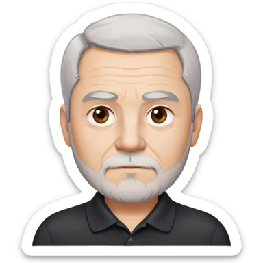 Charismatic older man in his late 50s with light skin, round face with wide features, expressive dark brown eyes, thick slightly arched eyebrows, short white-gray hair with receding hairline, gray scruff beard, neutral-serious expression, wearing black polo shirt sticker