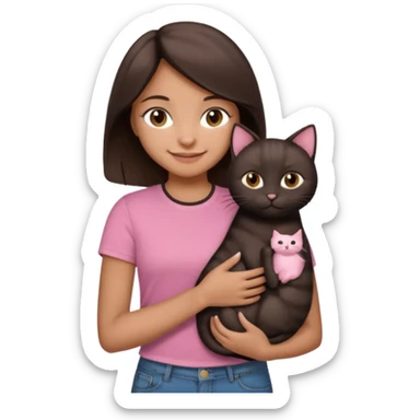 As una chica con piel marron claro con el pelo  medio largo color marron oscuro que tenga la chica una camiseta rosada mangas cortas con un jean claro que tenga ojos marrones la chica que la chica este sonriendo mientras sostiene entre sus brazos 1 gato negro gordito. sticker