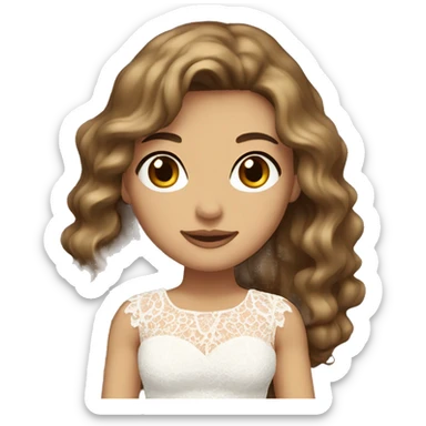 Adult woman with brown eyes, light tanned skin, long wavy dark brown hair, wearing a white lace dress sticker
