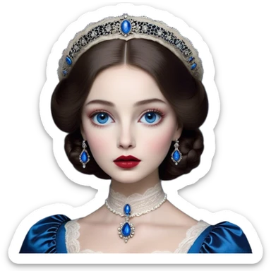 porcelain doll skin, large blue eyes with long lashes, fine details, olivia culpo as milady de winter, jinyoung shin art, refined nose, scarlet, dim light, by Maude Kaufman Eggemeyer, great digital art with details, by Scott Samuel Summers, ori and the blind, stunningly realistic image sticker