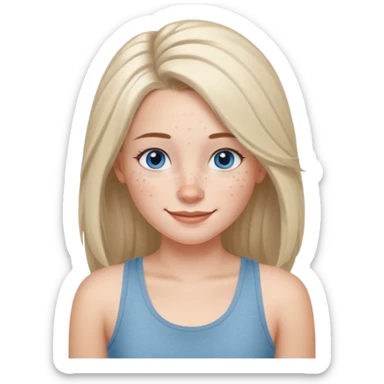 Una chica de tez blanca con pecas, nariz respingada, labios gruesos, ojos grandes color azul grisáceo, pelo largo, lacio, color avellana. Con una blusa de tirantes blanca. Que este sonriendo y q solo se vea de la cintura hacía arriba sticker