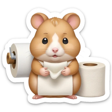 Cute chubby cartoon-style hamster holding toilet paper sitting on toilet looking as if he had an accident, sticker-style illustration sticker