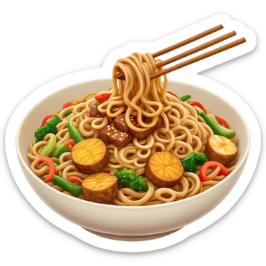Cinematic Realistic Mie Goreng Dish Emoji, featuring stir‚Äêfried noodles with vegetables and meat rendered with dynamic textures and warm, appetizing lighting. sticker