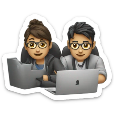 two IT nerds working on a laptop sticker