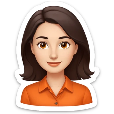 Professional woman in her 30s with light complexion, oval face, gentle features, large dark brown eyes, well-formed medium eyebrows, small nose, warm friendly smile, long slightly wavy dark brown hair, wearing a bright orange dress shirt sticker