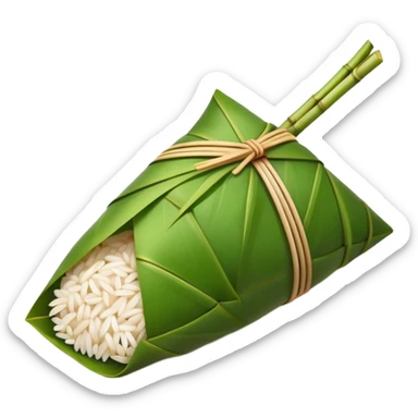 Rice dumpling Zongzi wrapped in bamboo leaves, simplified emoji style with bold outlines and bright colors, cartoon style sweet glutinous rice treat sticker