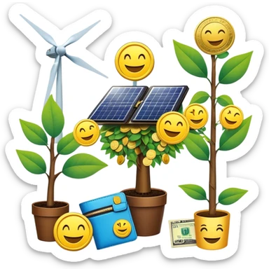 Create a set of unique, high-quality emoji-style stickers for a Telegram public group focused on green energy investments. Each sticker should be vibrant, friendly, and easily recognizable. The theme combines eco-conscious finance and renewable energy. Include elements like:

Solar panels with smiling faces

Wind turbines with coins spinning around

Happy earth holding a dollar sign

A plant growing out of a wallet

A money tree with solar panel leaves

A superhero saving the planet with a green energy logo

A rocket powered by clean energy labeled "ROI"

Happy investors with sun hats and windmills

Keep the style modern, fun, and clean — suitable for use in a friendly Telegram community. Backgrounds should be transparent. Use smooth outlines, minimal text (or none), and expressive faces or icons to communicate positivity and trust. sticker
