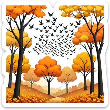 a flock of birds flying above trees with orange and yellow leaves, autumn scene sticker