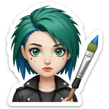 Punk-girl with dark green hair and blue eyes in leather jacket with brush  sticker