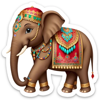 Decorated Indian elephant – Cinematic Realistic Decorated Indian Elephant, depicted as a majestic elephant adorned with vibrant, ornate ceremonial decorations and rich, colorful fabrics, set against a festive Indian backdrop with warm golden lighting that highlights its cultural significance. sticker