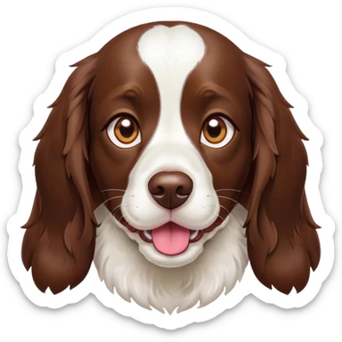 Cinematic Cute Springer Spaniel Portrait Emoji, Head tilted playfully and inquisitively, featuring a vibrant Fur of liver and white with a natural sheen, round, sparkling brown eyes filled with curiosity, Simplified yet irresistibly adorable features, highly detailed, glowing with a warm, friendly glow, high shine, affectionate and lively, stylized with a touch of whimsy, bright and endearing, soft glowing outline, capturing the essence of a mischievous yet loving pup, so playful it feels like it could frolic out of the screen and into your arms! sticker