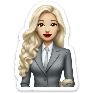 Russian Blonde long hair with big red lips small nose and black eyes Tiffany diamond seller in a grey suit sticker