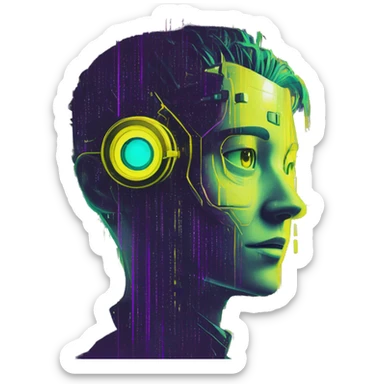 Secret human yellow emoji face agent with  cyberpunk elements with a spyglass scanning looking reviewing multicolor lines of code, cyan and purple colors, only upper body portrait sticker