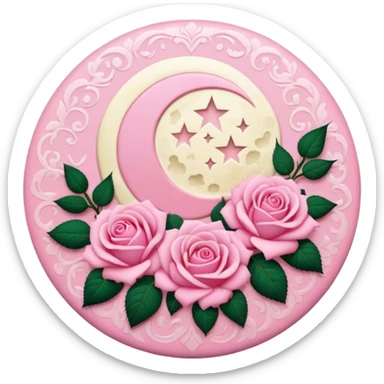 A round pink button with a light cream full damask moon and pink roses in the center sticker