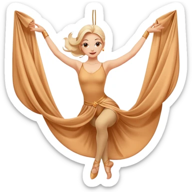 Emoji estilo ilustración de una mujer practicando danza aérea en tela, colgada en telas de seda, expresión feliz, estilo emoji moderno, colores suaves, fondo simple sticker