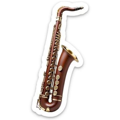 Create a detailed and elegant emoji representing a professional bassoon Oscar Adler. The design should showcase the long, slender wooden body of the bassoon with its distinct curves and metal fittings. Highlight the keywork and metal rings around the joints, with subtle light reflections on the wood to give it a polished appearance. The top of the bassoon should have the characteristic metal bell, and the reed should be clearly visible at the mouthpiece. Use warm wood tones like deep brown and mahogany for the body, with silver or brass accents for the metal parts. Add soft musical notes or soundwaves around the instrument to evoke its rich, deep sound. The background should be transparent. sticker