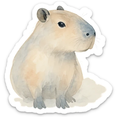 capybara looking to the side, realistic style, gentle watercolor wash, cute expression sticker