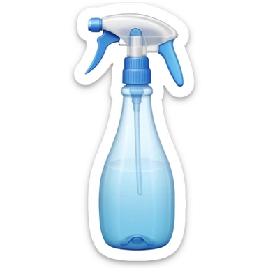 plastic spray bottle with simple trigger top and translucent body filled with clear liquid, practical shape, subtle grip texture on neck, no branding, slight reflection on plastic, no label, no cloth, no surface, soft lighting, subtle shadows, emoji scale sticker