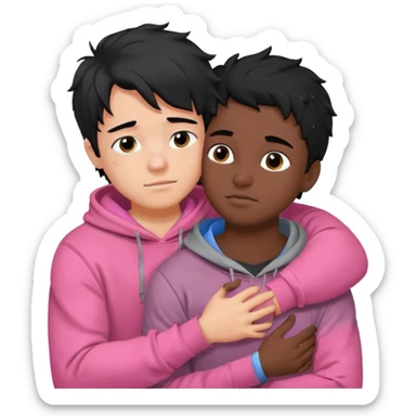 generate a pretty bratz fair skinned boy with messy black hair in a grey hoodie. Hugging his girlfriend who is wearing pink. Make him muscled sticker